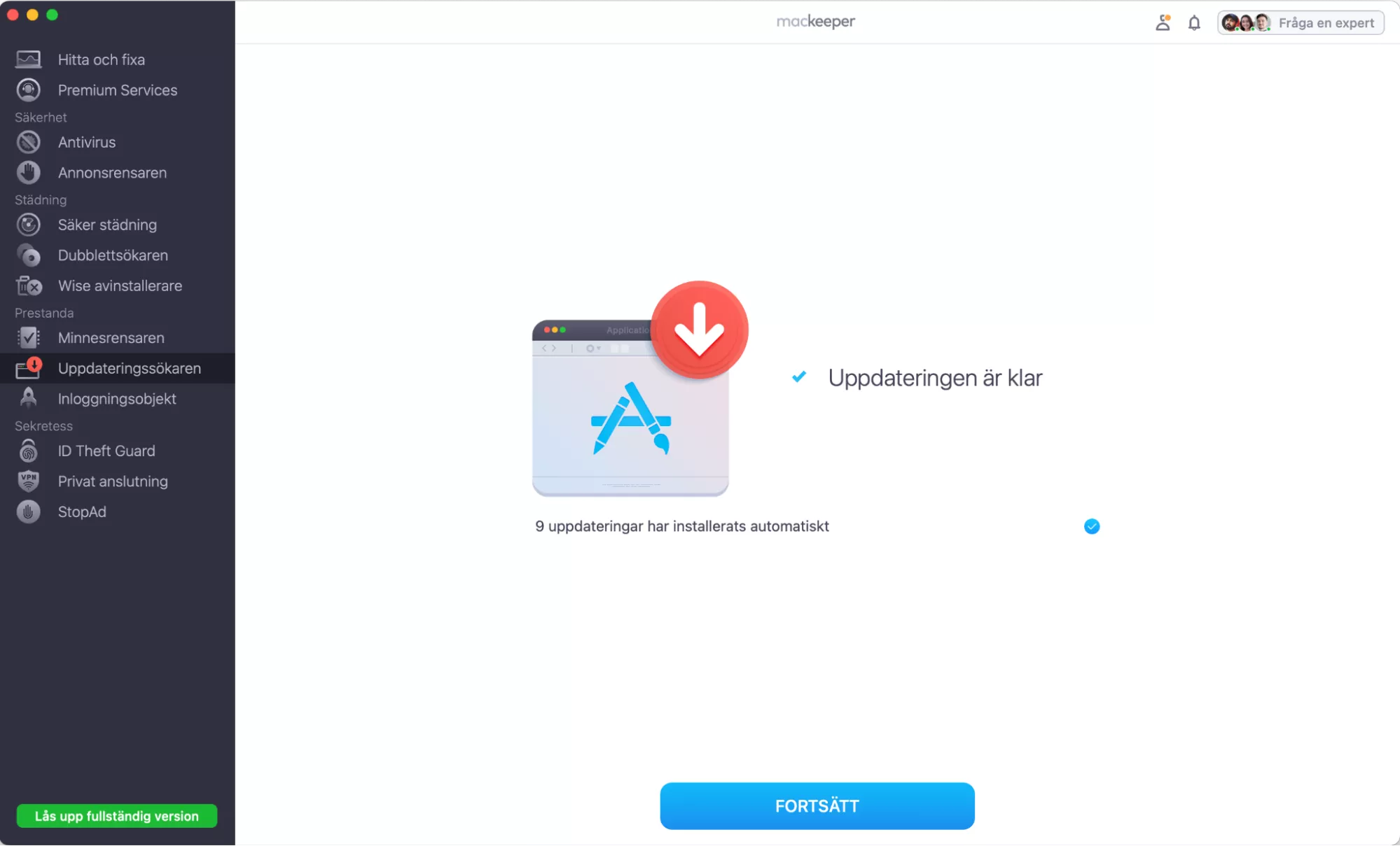 Uppdateringen är klar. Om du vill kontrollera dina föråldrade appar igen klickar du på Fortsätt.