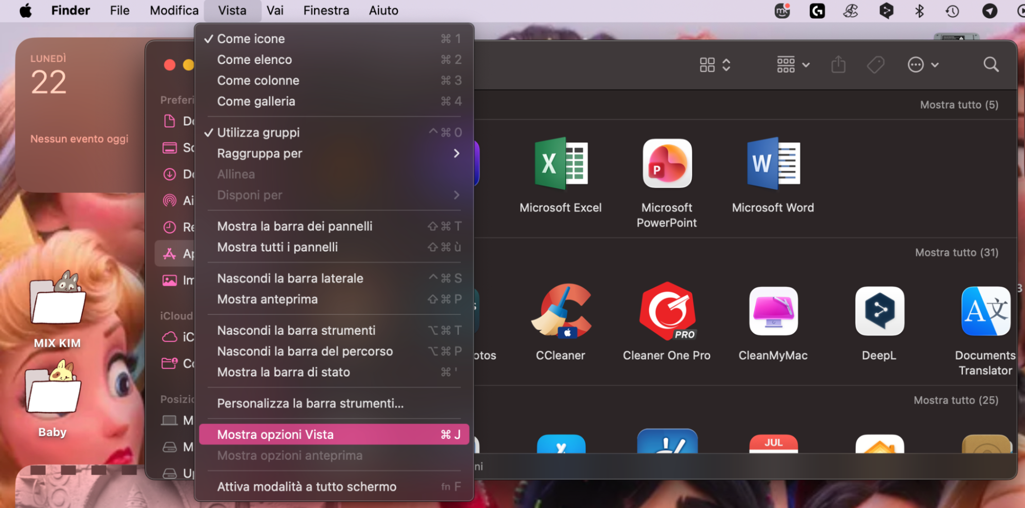 Nella cartella Applicazioni, vai alla barra dei menu, seleziona Vista e fai clic su Mostra opzioni vista per personalizzare la visualizzazione dei dettagli delle app, ad esempio le dimensioni.