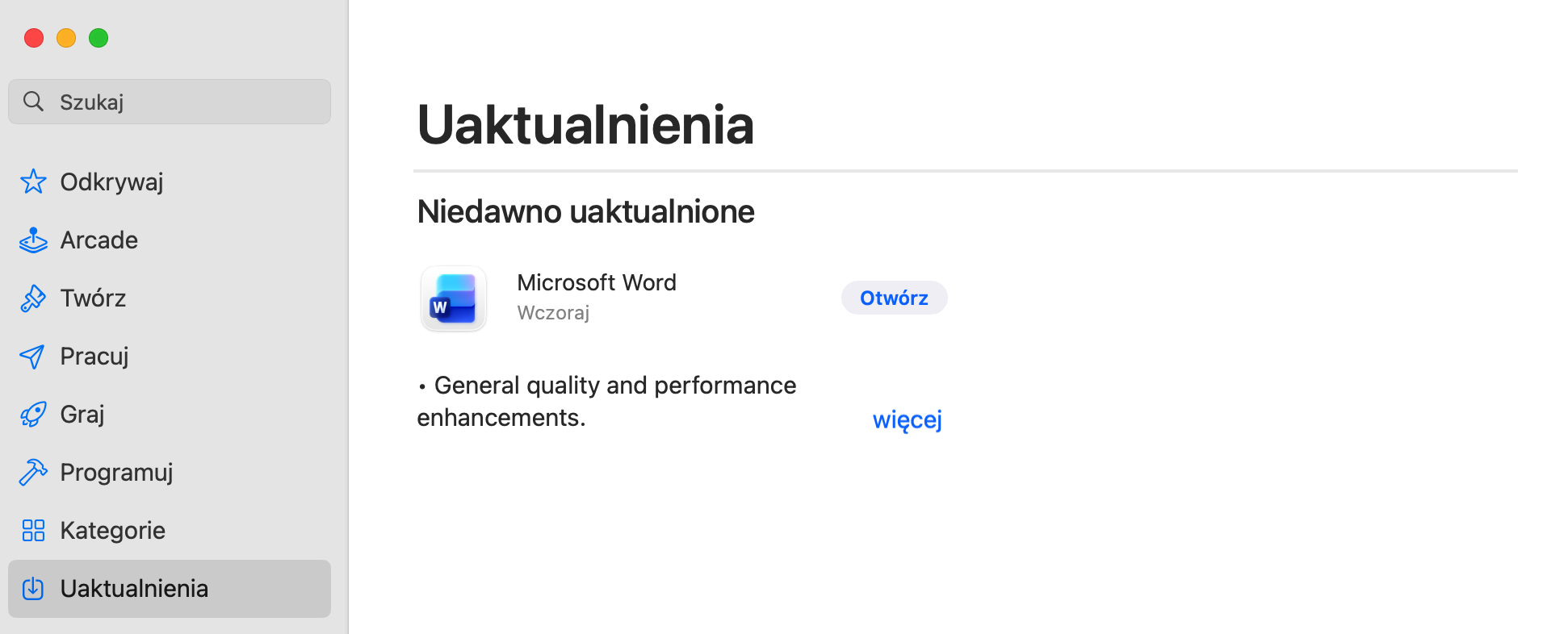 Menu Uaktualnienia w App Store na Macu. Jeśli jeden z Twoich programów powoduje przegrzewanie Maca, spróbuj go tutaj zaktualizować, aby naprawić ewentualny spadek wydajności.