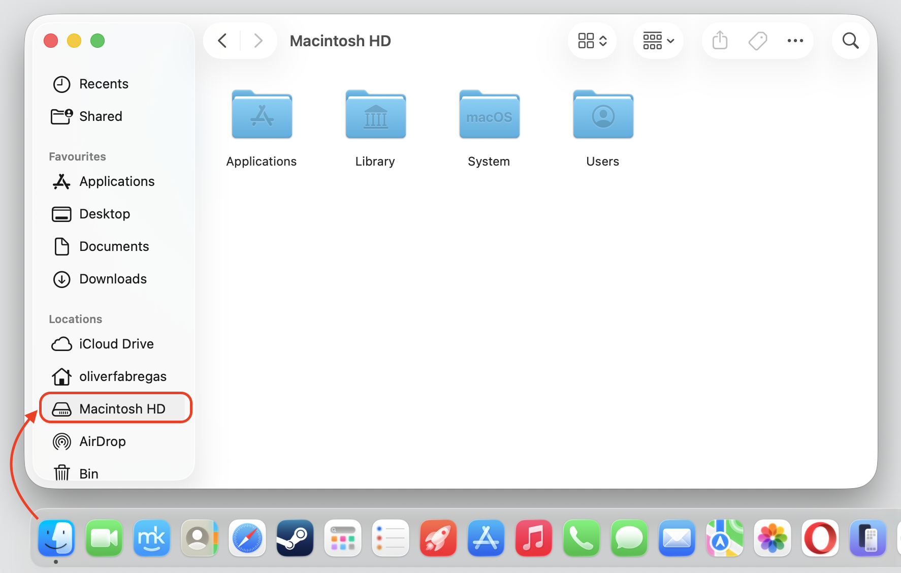 Finder window on macOS with Macintosh HD selected under Locations, showing the Applications, Library, System, and Users folders.