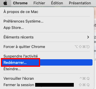 En haut à gauche de votre écran, sélectionnez le logo Apple pour redémarrer votre ordinateur Mac. Confirmez le redémarrage. En haut à gauche de votre écran, sélectionnez le logo Apple pour redémarrer votre ordinateur Mac. Confirmez le redémarrage.
