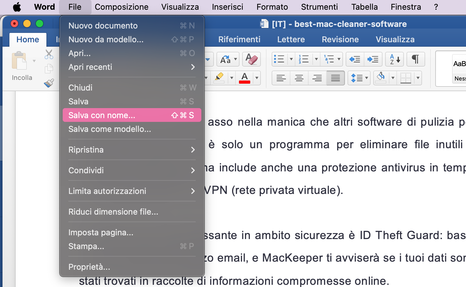 Apri il tuo documento Word, poi vai alla barra dei menu e seleziona File > Salva con nome. Questo ti permetterà di scegliere dove salvare il tuo file.