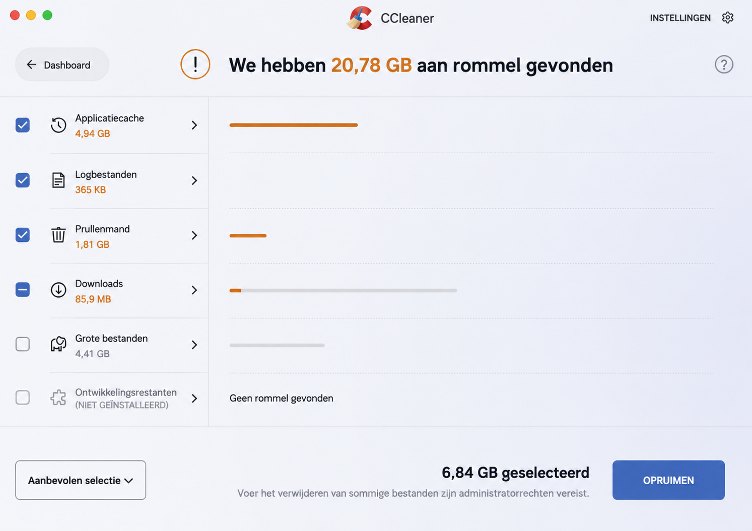 De opschoonscan is nu voltooid met behulp van CCleaner, en de gebruiker kan het eindresultaat zien: de hoeveelheid rommel die is gevonden, met een specificatie van hoe deze over de verschillende bestandscategorieën is verdeeld.