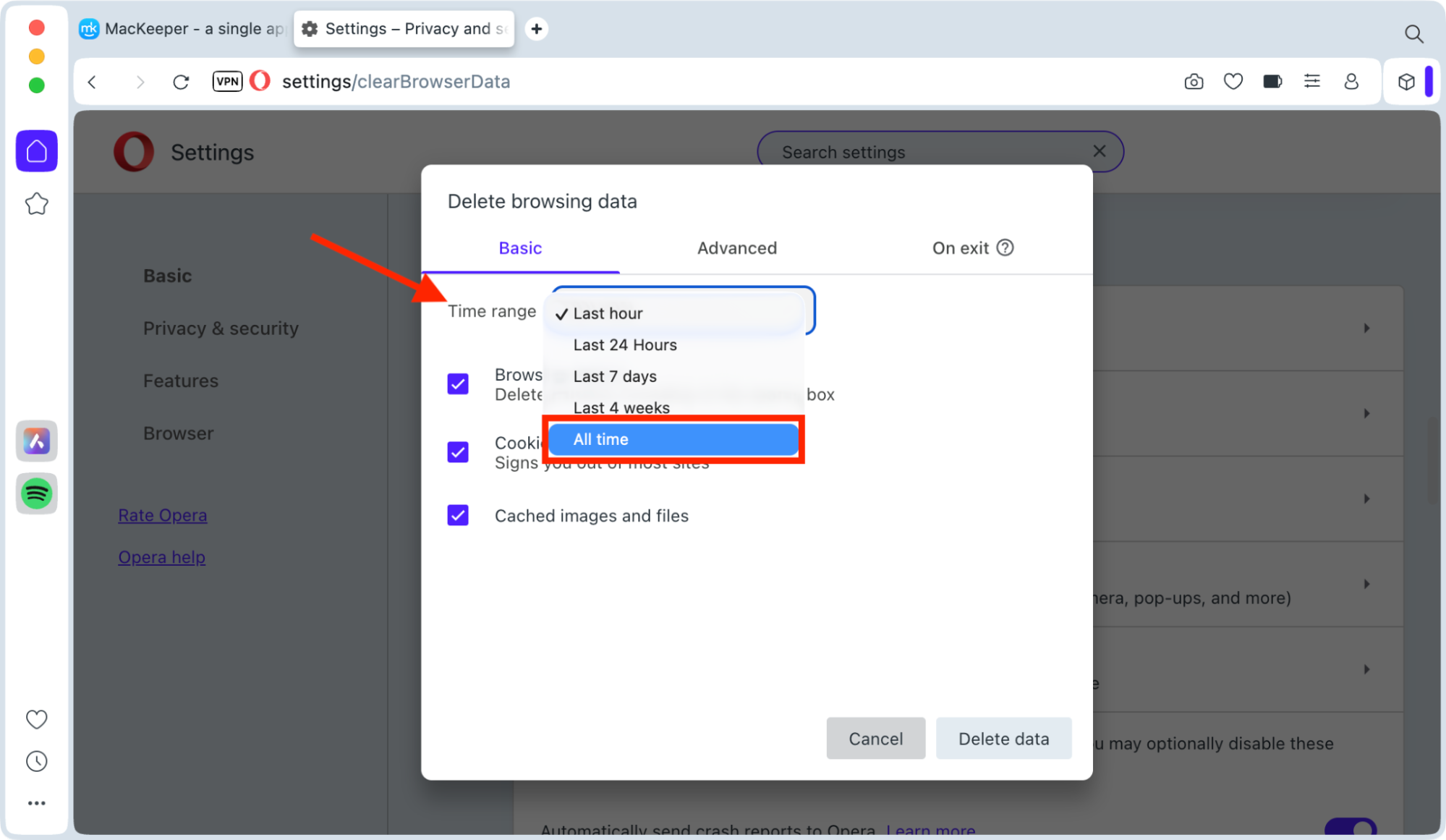 The Delete browsing data feature inside the Opera browser on Mac. Use this to delete the Google Drive cache within Opera for Mac when you encounter Drive issues.