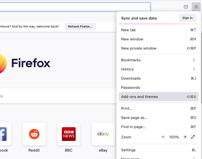 Add-ons and themes option in Firefox.