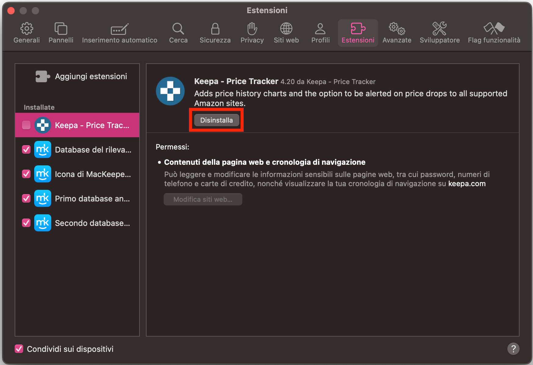 Per eliminare dal browser sul Mac le estensioni superflue, seleziona sulla sinistra quelle che vuoi rimuovere. Nella finestra di ciascuna estensione, aperta sulla destra, individua l’opzione Disinstalla sotto il nome dell’estensione e fai clic su di essa.