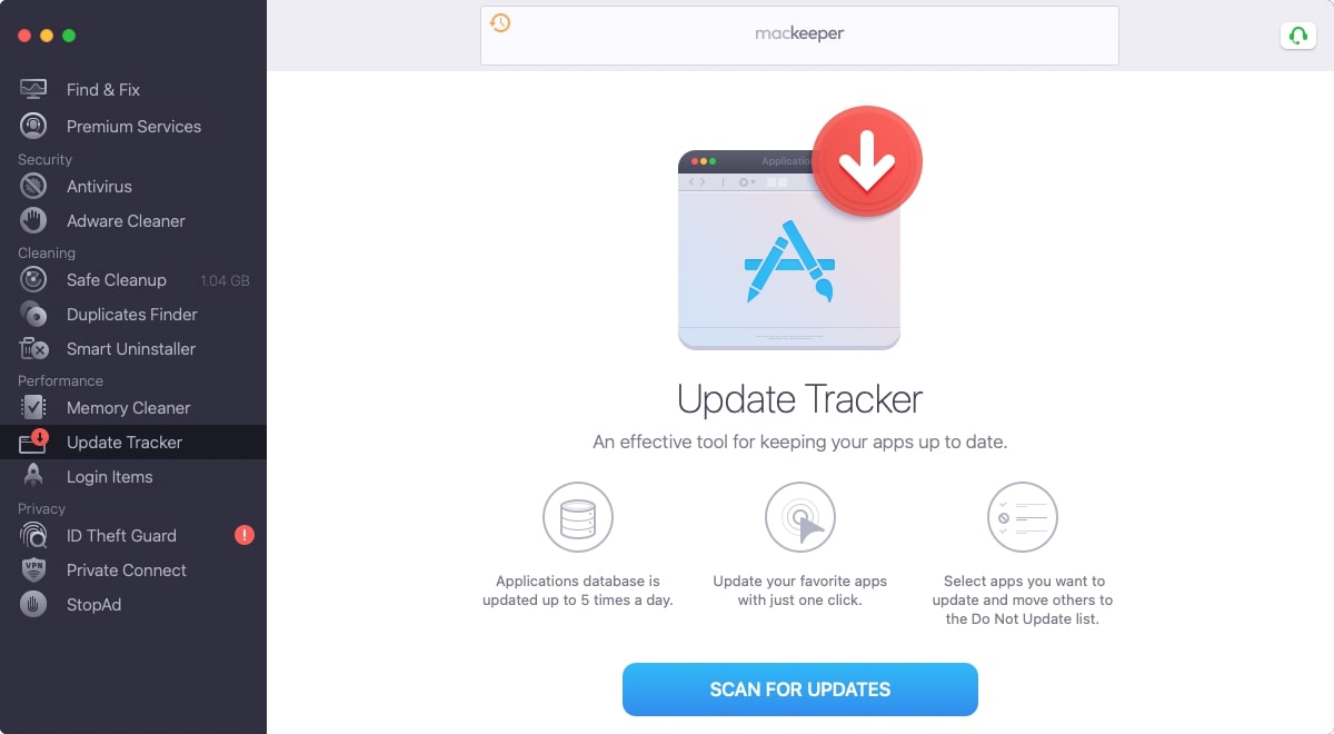 In the Update Tracker window, opened from the left of MacKeeper’s app interface, you’ll see the option to Scan for Updates, at the middle bottom 