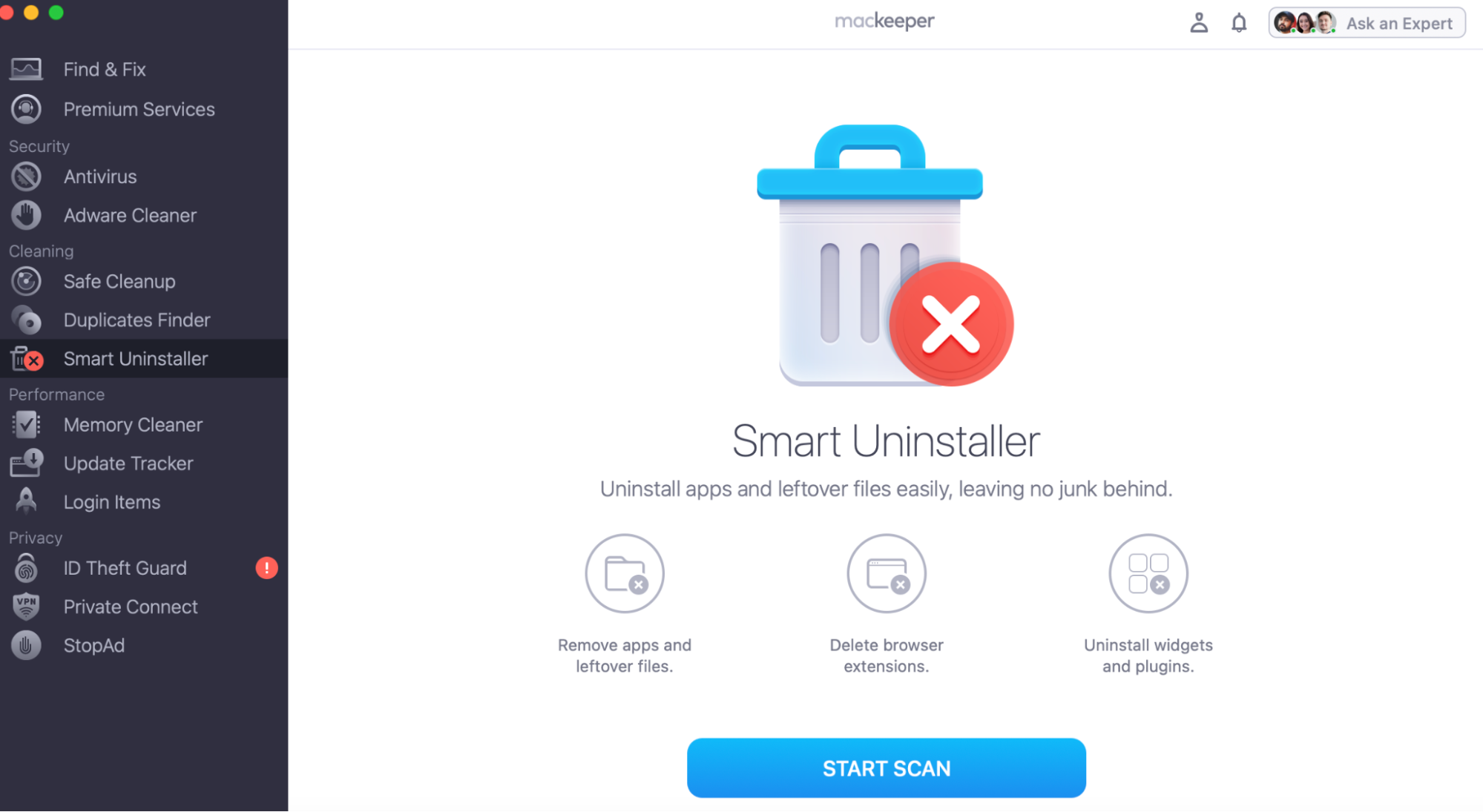  To remove an app with the help of MacKeeper, open the app and select the Smart Uninstaller feature. Then click Start Scan, this will only take a few moments.