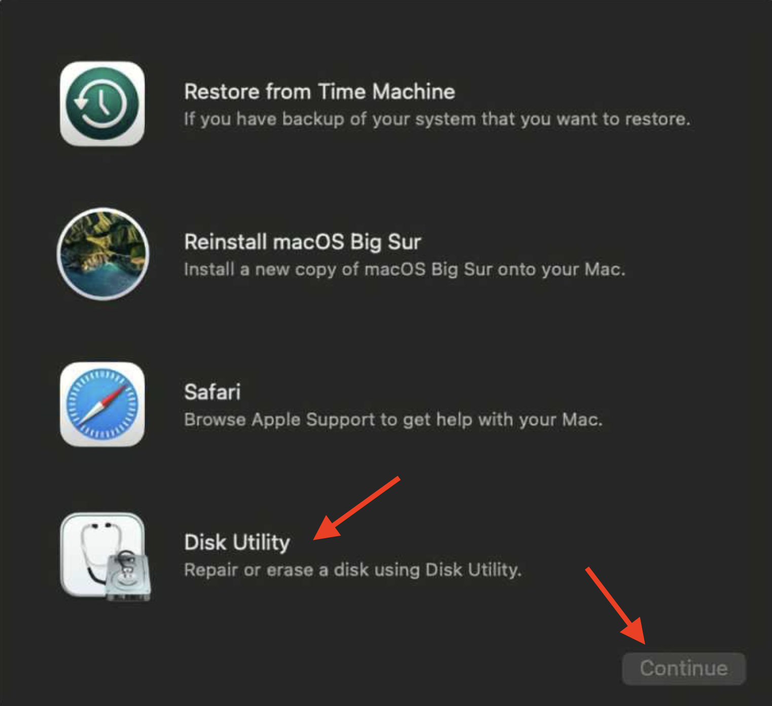 macOS Recovery on Mac with a list of recovery options. Select Disk Utility, then click Continue, to wipe your Mac's startup disk and install a fresh copy of macOS.