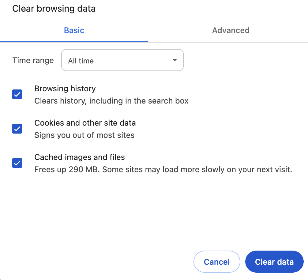 The Chrome browser menu shows that all the necessary options are checked off to complete the process to clear cache in Chrome on Mac. The Chrome browser menu shows that all the necessary options are checked off to complete the process to clear cache in Chrome on Mac.