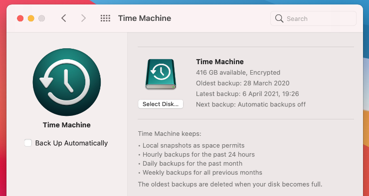 To delete local Time Machine snapshots using the System Preferences, open the Apple menu and go to System Preferences > Time Machine. Disable the option to Back Up Automatically. This deletes all your saved local snapshots.