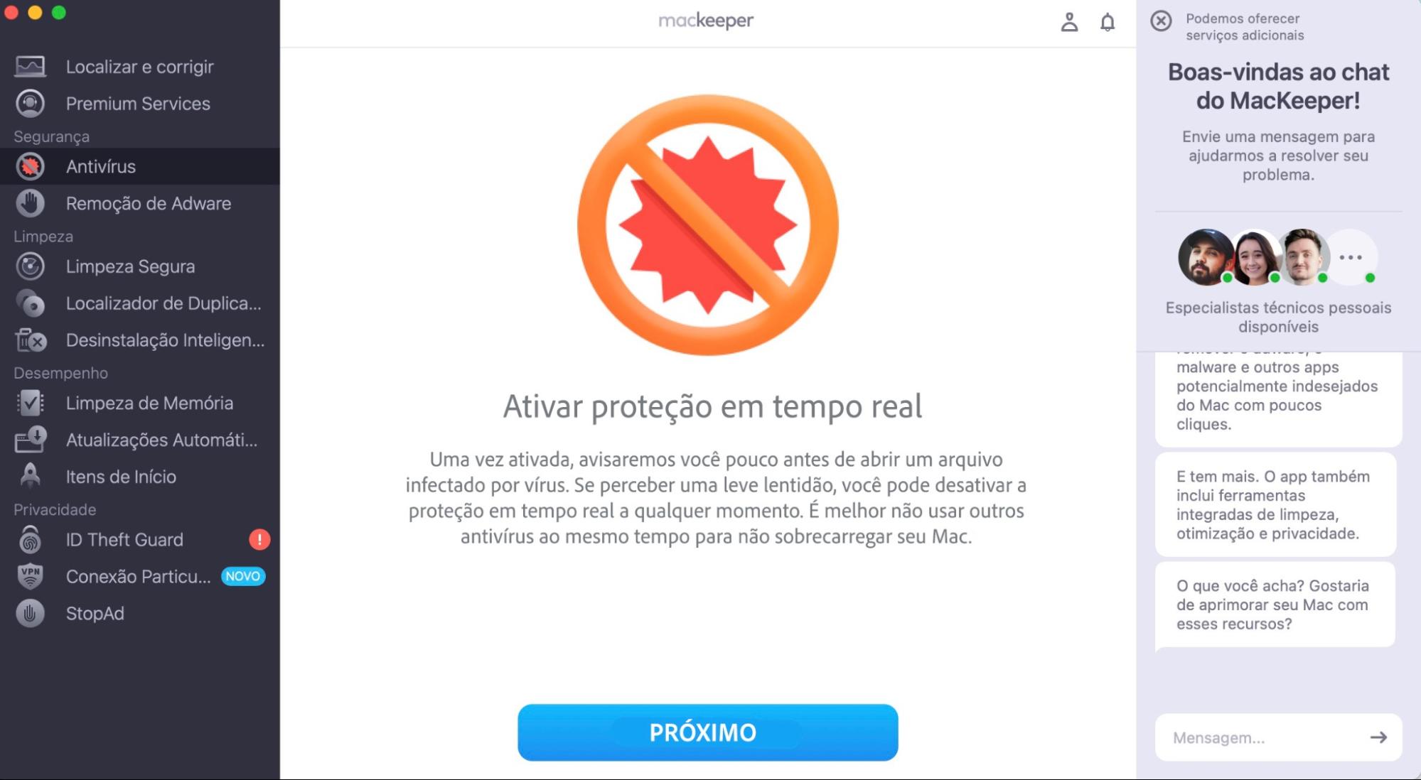Antivírus do MacKeeper. A tela está destacada para ativar a proteção antivírus em tempo real. Parte de um guia sobre como parar pop-ups falsos do McAfee no Mac.