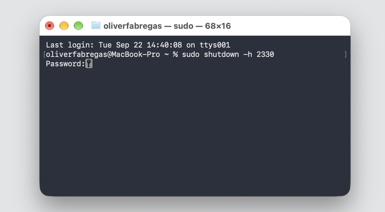 Terminal on an Apple laptop asking for the admin password after the sudo shutdown -h 2330 scheduled shutdown command, with a hidden entry field.