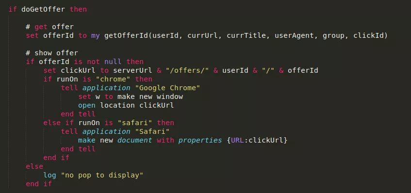 A block of code from macOS Bundlore adware that shows how the software fetches ads from a server to spawn a new pop-up window.