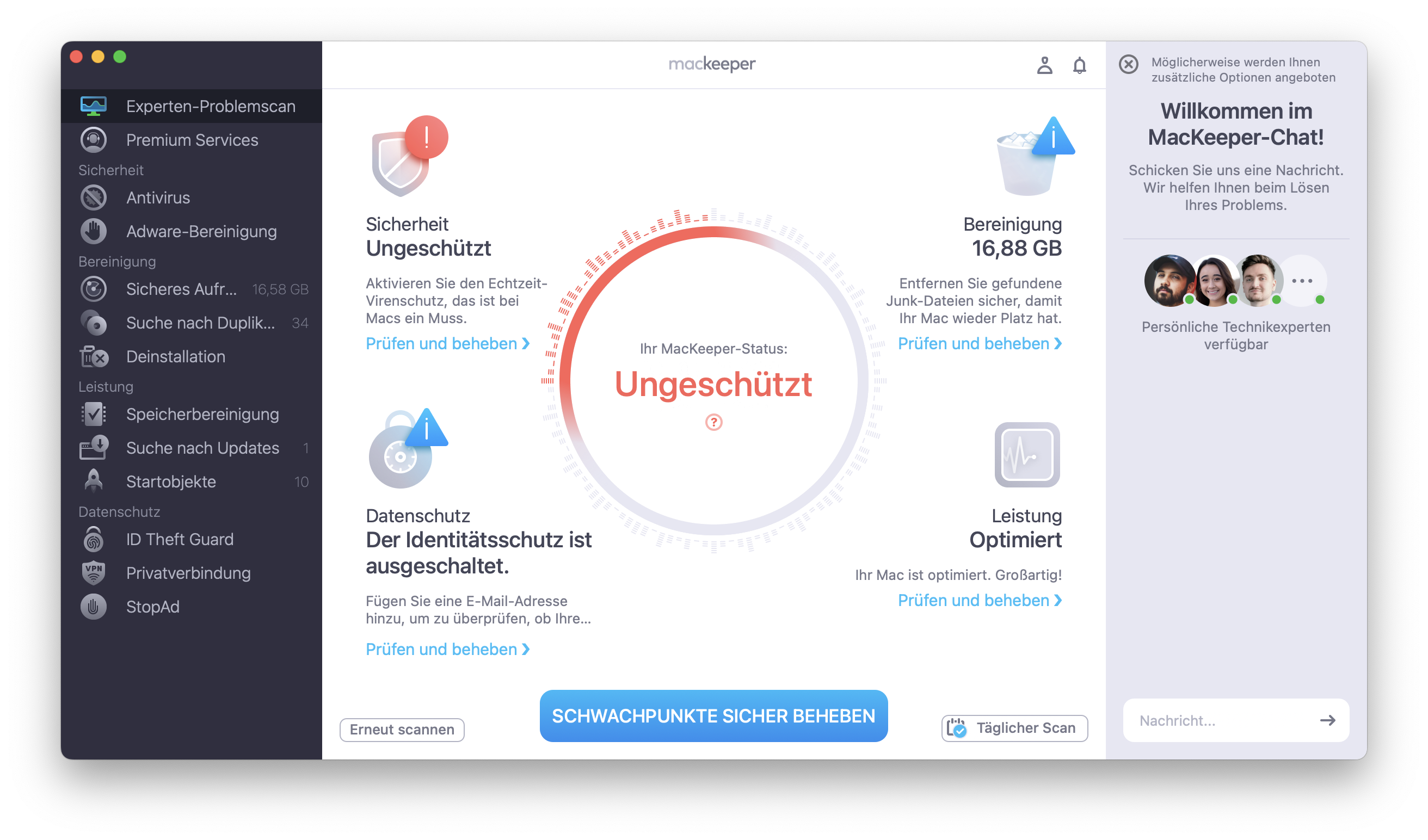 Bitte warten Sie, bis die MacKeeper-App den Scan-Vorgang abgeschlossen hat, um die mögliche Ursache für die Fehlfunktion Ihrer Festplatte zu ermitteln. Beheben Sie anschließend das Problem mit der Funktion Elemente sicher beheben.
