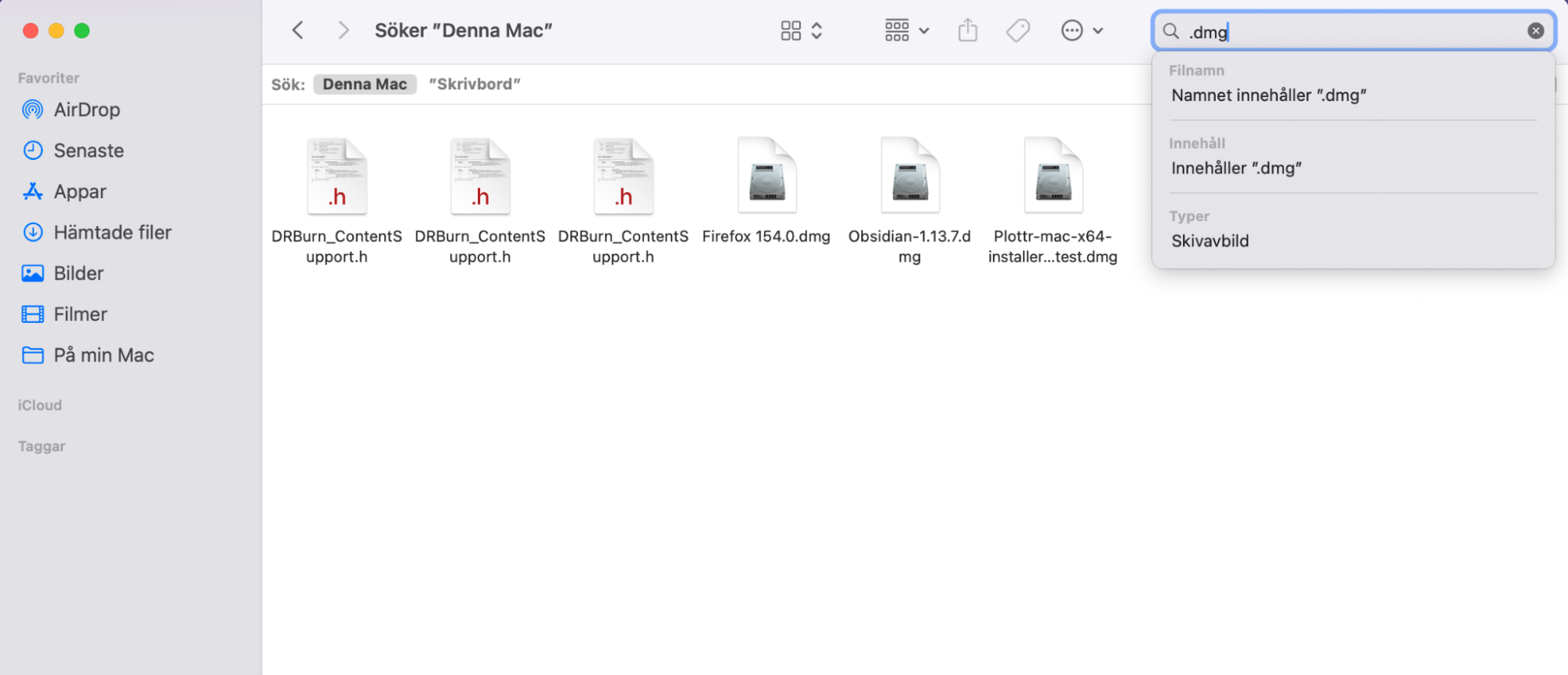 För att göra dig av med DMG-installationsfiler i din Macs övrigt-lagring måste du först öppna ett Finder-fönster och skriva in .dmg i sökrutan längst upp till höger på sidan.
