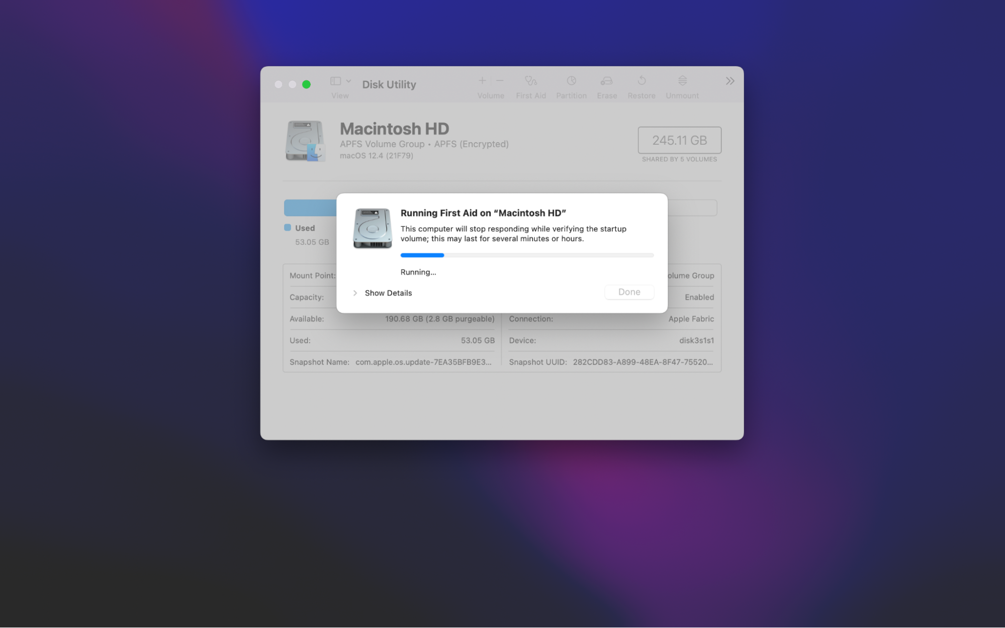 Disk Utility First Aid scanning screen Disk Utility First Aid scanning screen