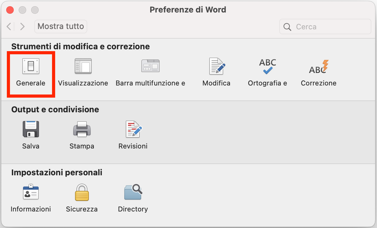 Apri il pannello Preferenze di Word in Word per Mac. Poi seleziona Generale, sotto Strumenti di modifica e correzione.