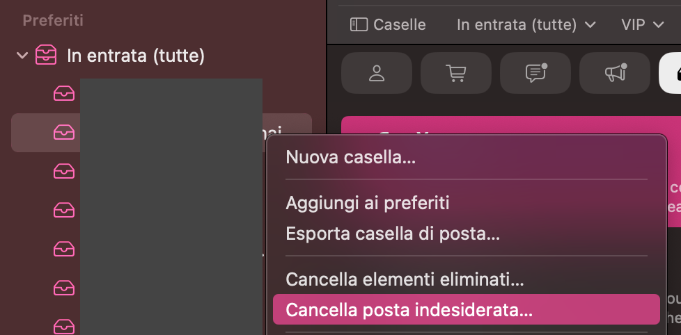Parte dell'applicazione Apple Mail con il menu contestuale aperto per una casella di posta. Cancella posta indesiderata è evidenziato. Come eliminare la cache di Mail su Mac.