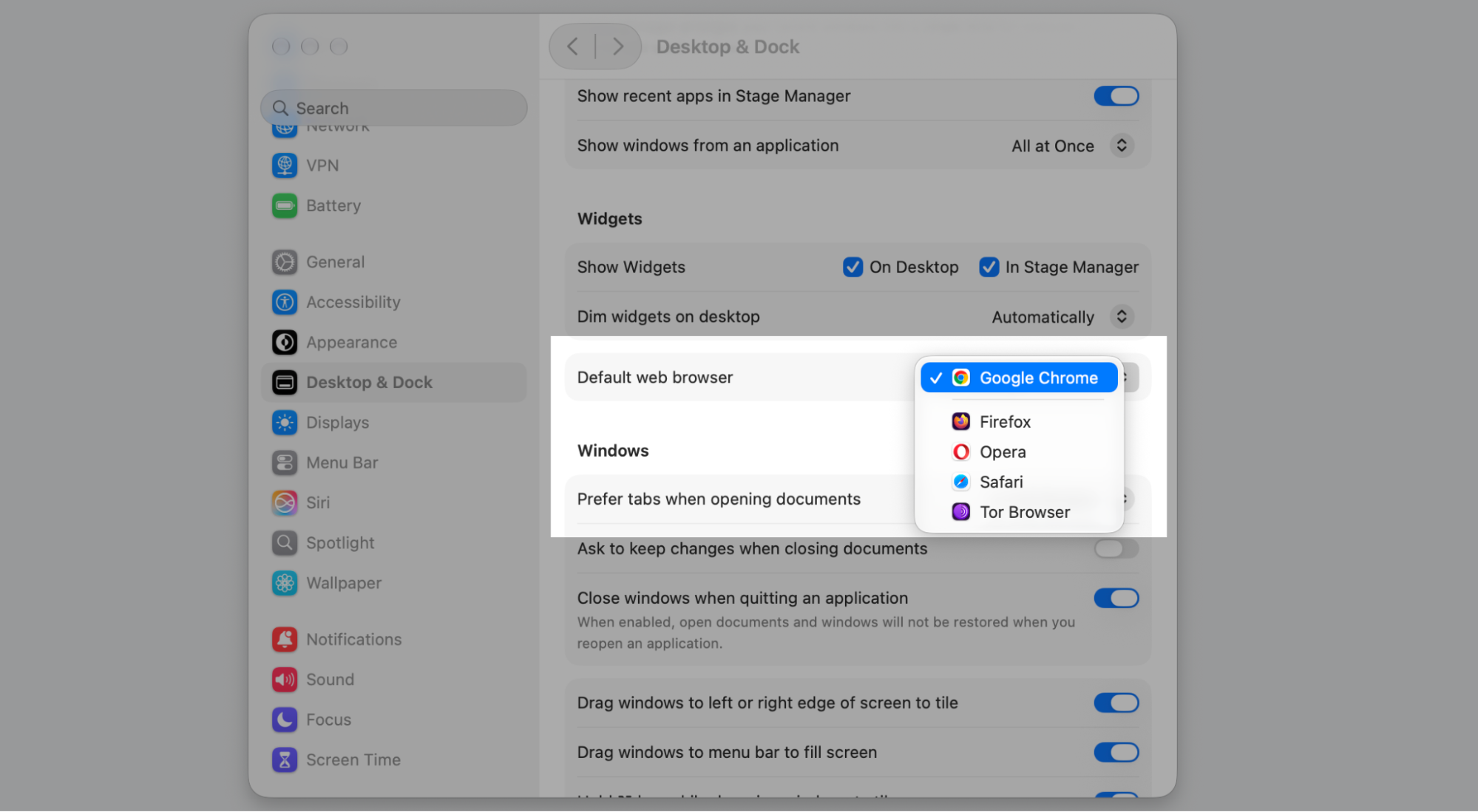 The Default web browser dropdown open in Desktop & Dock on a Mac, letting you pick Safari or another browser from the list.