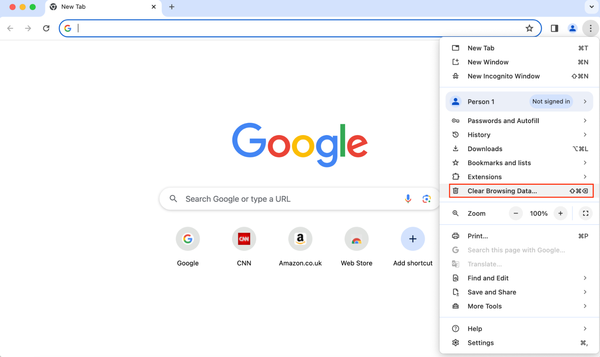 Chrome, with the menu open and Clear Browsing Data highlighted. How to clear and reset Chrome, as part of a guide on how to stop fake McAfee pop-ups on Mac.