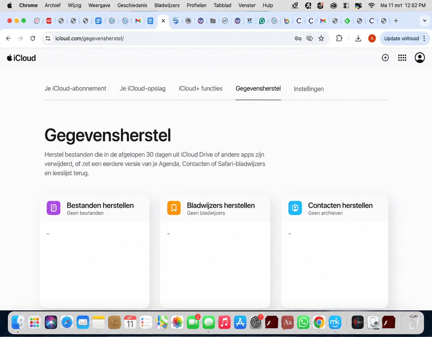Je kunt ook ontbrekende Mac-bureaublad pictogrammen herstellen via iCloud Drive op icloud.com. Meld je aan bij je account en klik op het tabblad Gegevensherstel. Selecteer de optie Bestanden herstellen en volg de aanwijzingen om het proces te voltooien.