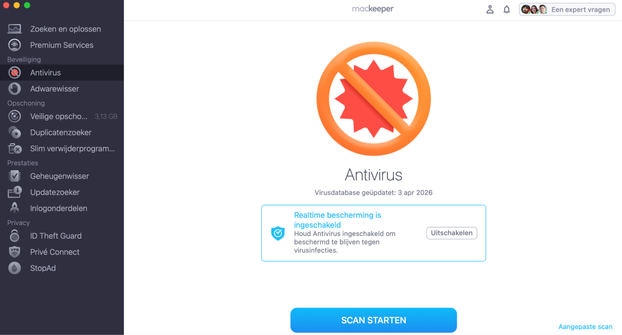 De MacKeeper-app is geopend, met de tool Antivirus geselecteerd in de zijbalk, waarbij de knop Start scan wordt weergegeven om op malware te scannen.