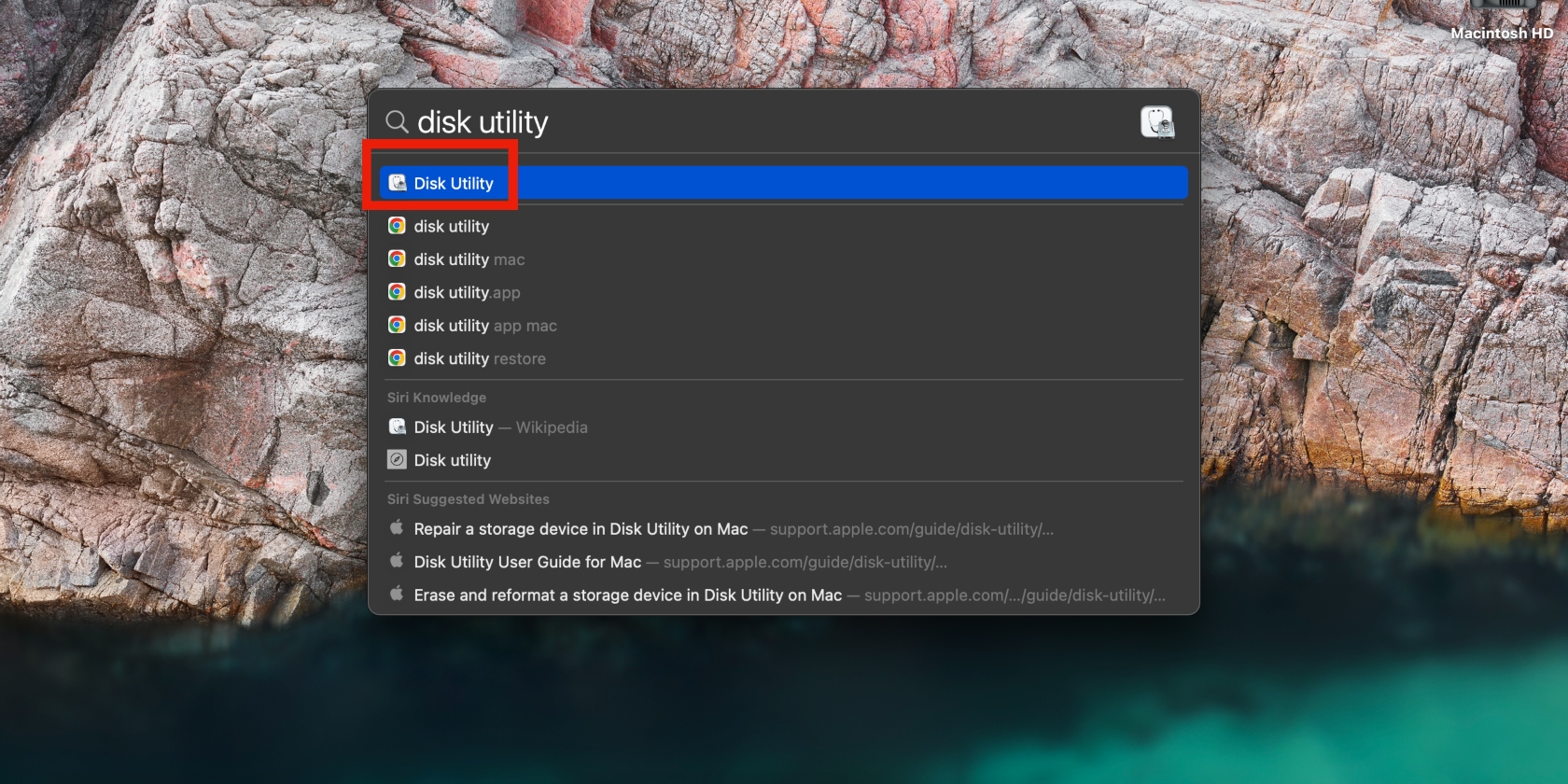 Spotlight search is opened on a Mac. Open Disk Utility to run First Aid in Disk Utility. This could help close a hung CoreServicesUIAgent process.
