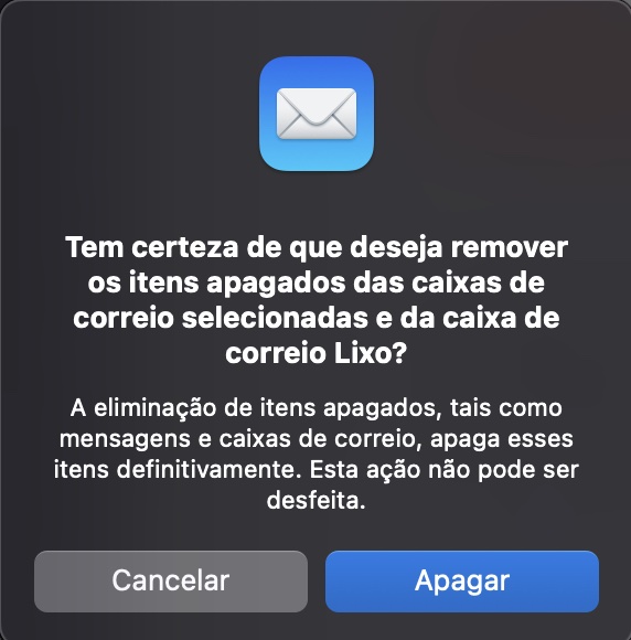 Uma caixa de diálogo no aplicativo Apple Mail pedindo ao usuário para confirmar que deseja apagar as mensagens indesejadas. Como limpar o cache do Mail no Mac.