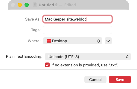Now it's time to save your file. For now, you're saving it as a plain text file. Give the file a name, adding the .webloc extension. use the 'Where' dropdown menu to select a location, and click the 'Save' button.