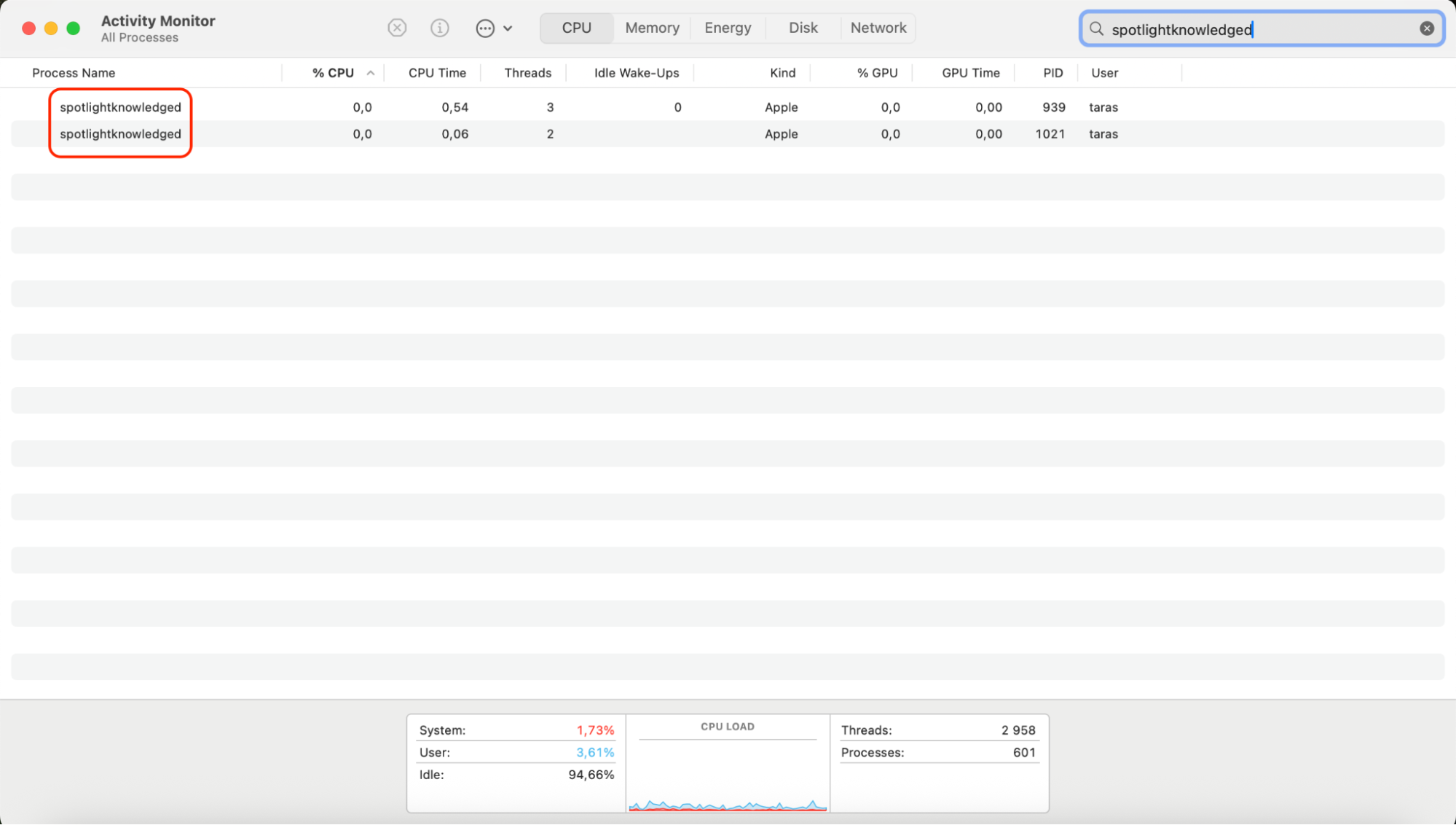 Locate spotlightknowledged at the top of the Activity Monitor list to confirm it’s the process currently consuming the highest amount of CPU resources.