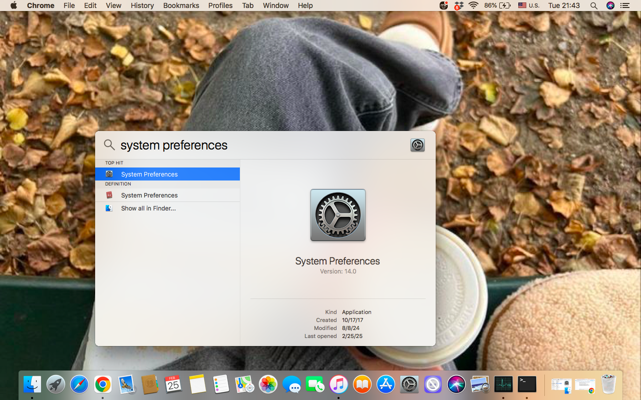 To get access to System Preferences via Spotlight Search, click the Spotlight Search (the magnifying glass) in the top-right corner of the screen, then type System Preferences into the search bar.