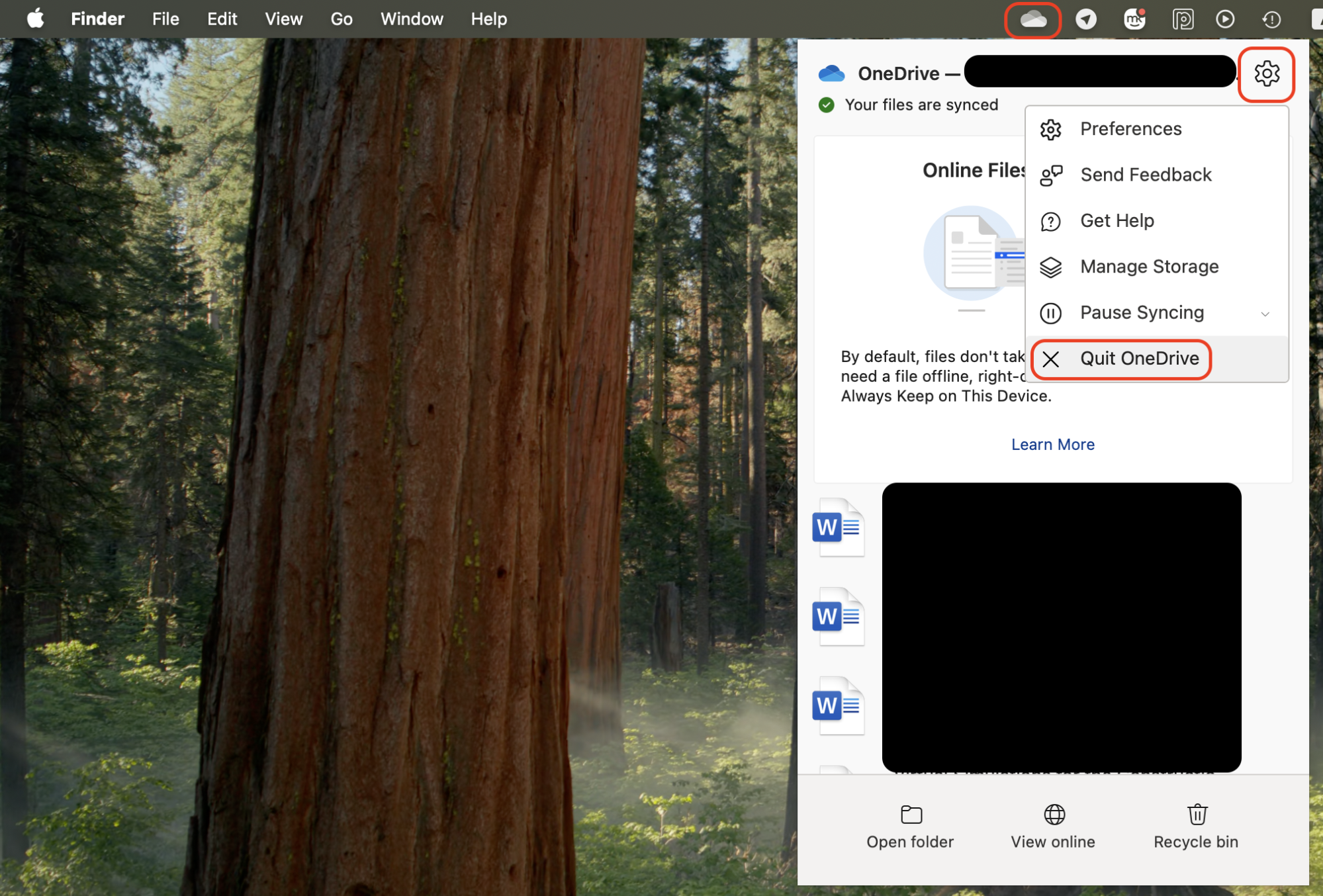 Click the OneDrive icon, open Help & Settings, and choose Quit OneDrive to close the app completely.