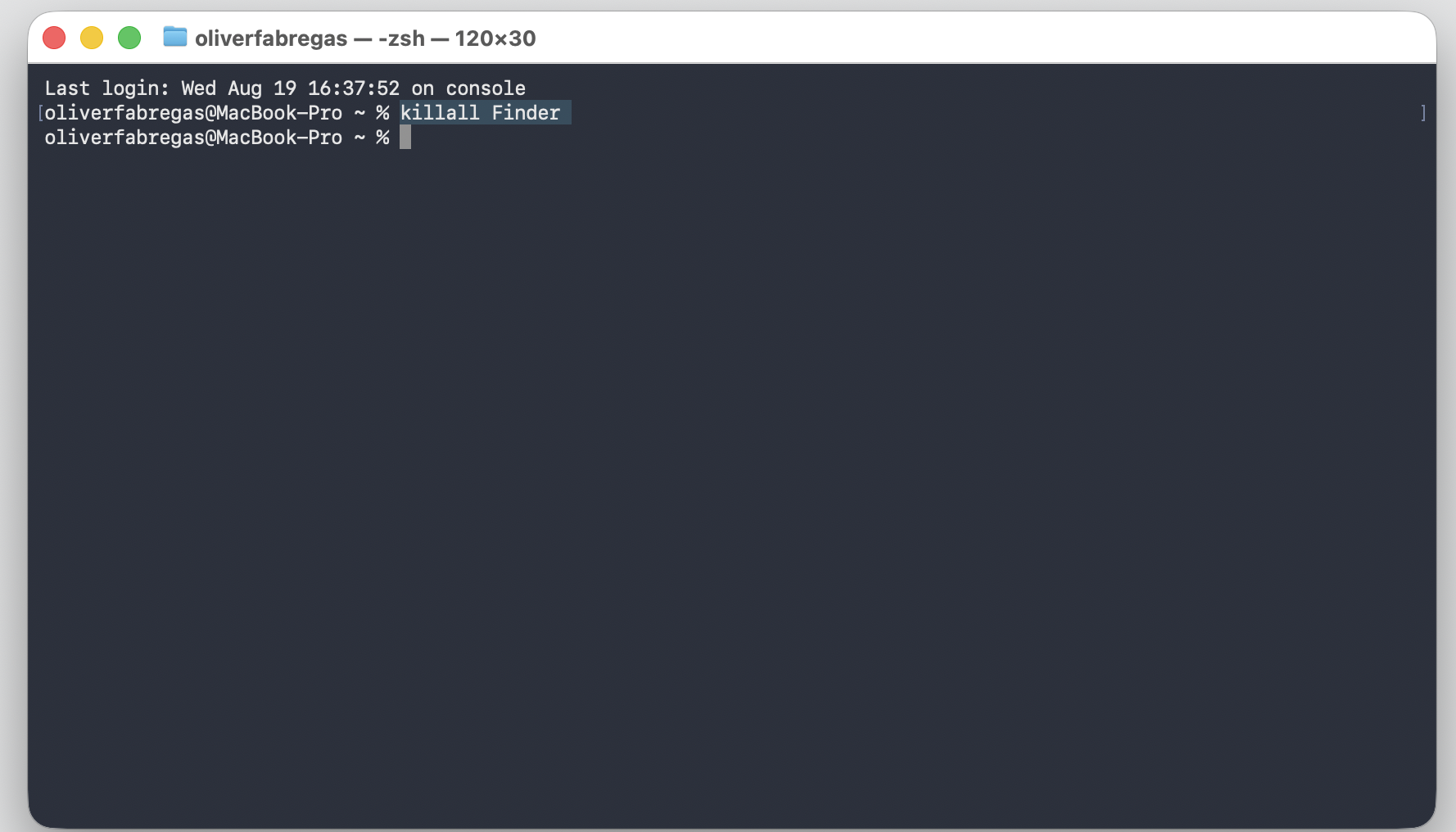 Terminal window on macOS Sequoia 15 running the killall Finder command to relaunch Finder with default settings on an Apple laptop.