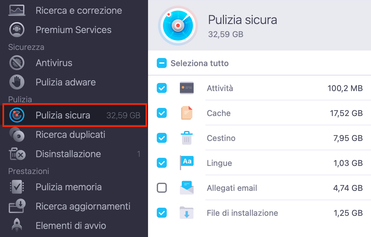 Ottieni più spazio sul Mac aprendo MacKeeper e selezionando lo strumento Pulizia Sicura. Potrai così eliminare i file inutili.