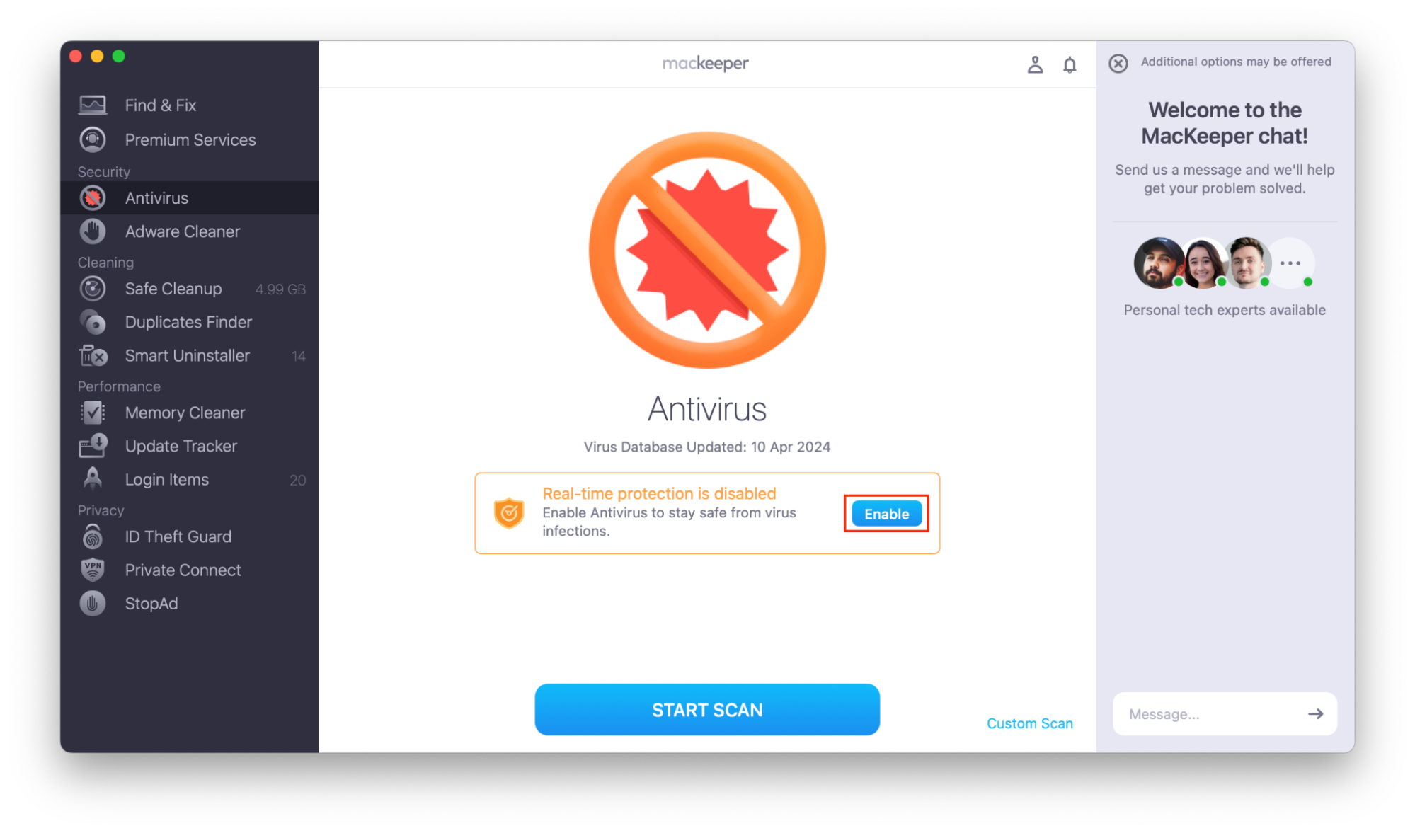 MacKeeper’s Antivirus. The Enable button is highlighted, to turn on real-time antivirus protection. Part of a guide on how to stop fake McAfee pop-ups on Mac.