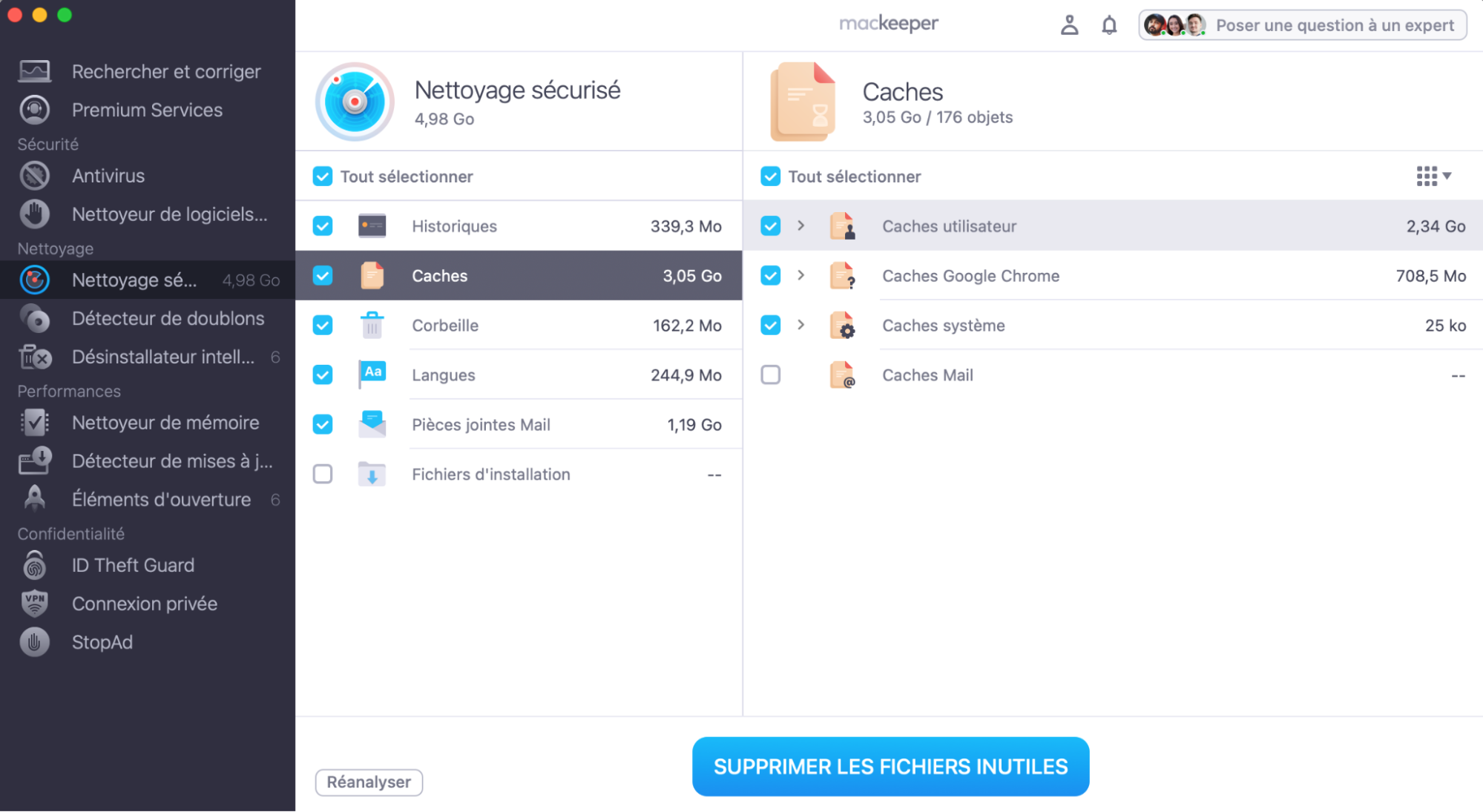Une fois les résidus supprimés, accédez à la fonction Nettoyage sécurisé dans l’application MacKeeper, choisissez Caches et cliquez sur Supprimer les fichiers inutiles.