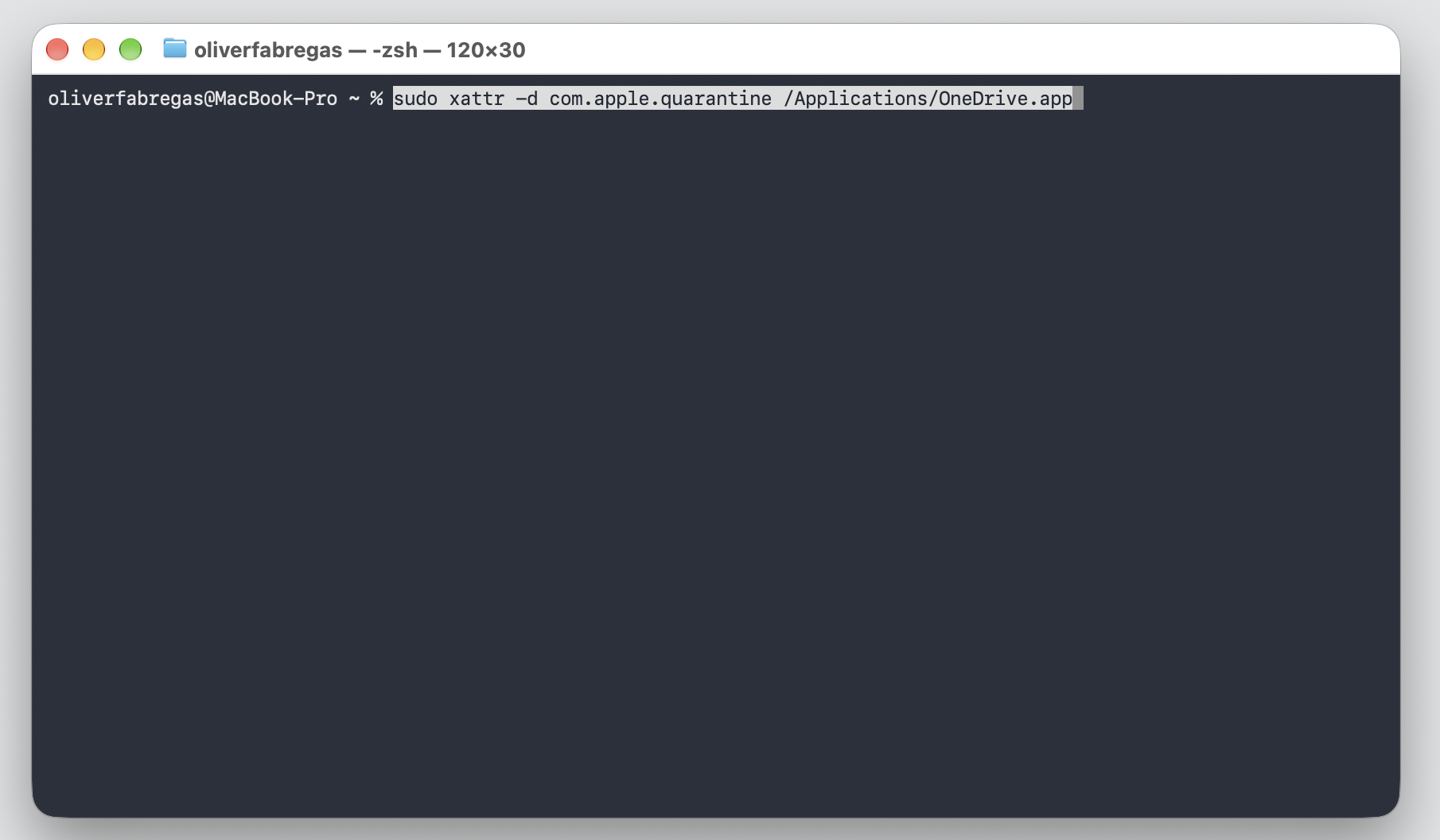 Terminal on a MacBook with the sudo xattr -d com.apple.quarantine command typed to remove the quarantine flag from the damaged OneDrive app.