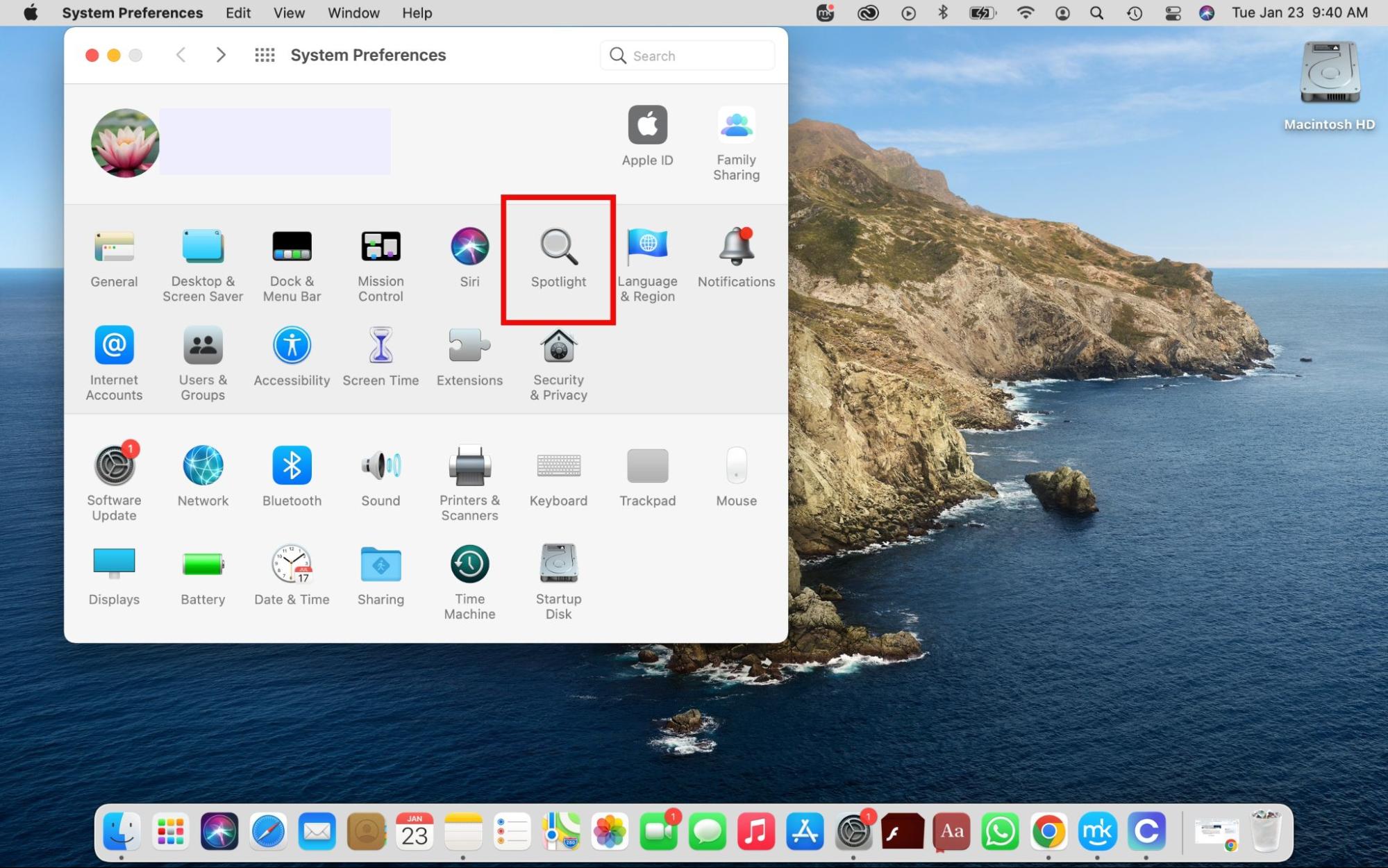 System Preferences is opened on a Mac. Click on Spotlight to disable Spotlight indexing for the disk and safely eject your disk.