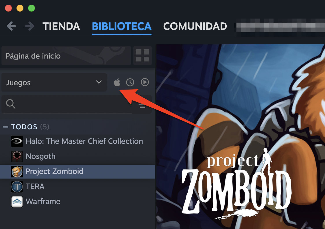 La biblioteca de Steam en Mac muestra el botón de Apple que muestra sólo los juegos compatibles con Mac. Haz clic en el botón para ocultar los juegos que no son compatibles con macOS.
