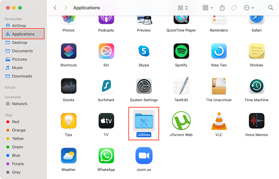 To reset Bluetooth settings on macOS Sequoia using Terminal, go to Finder, select Applications from the sidebar, then open the Utilities folder.