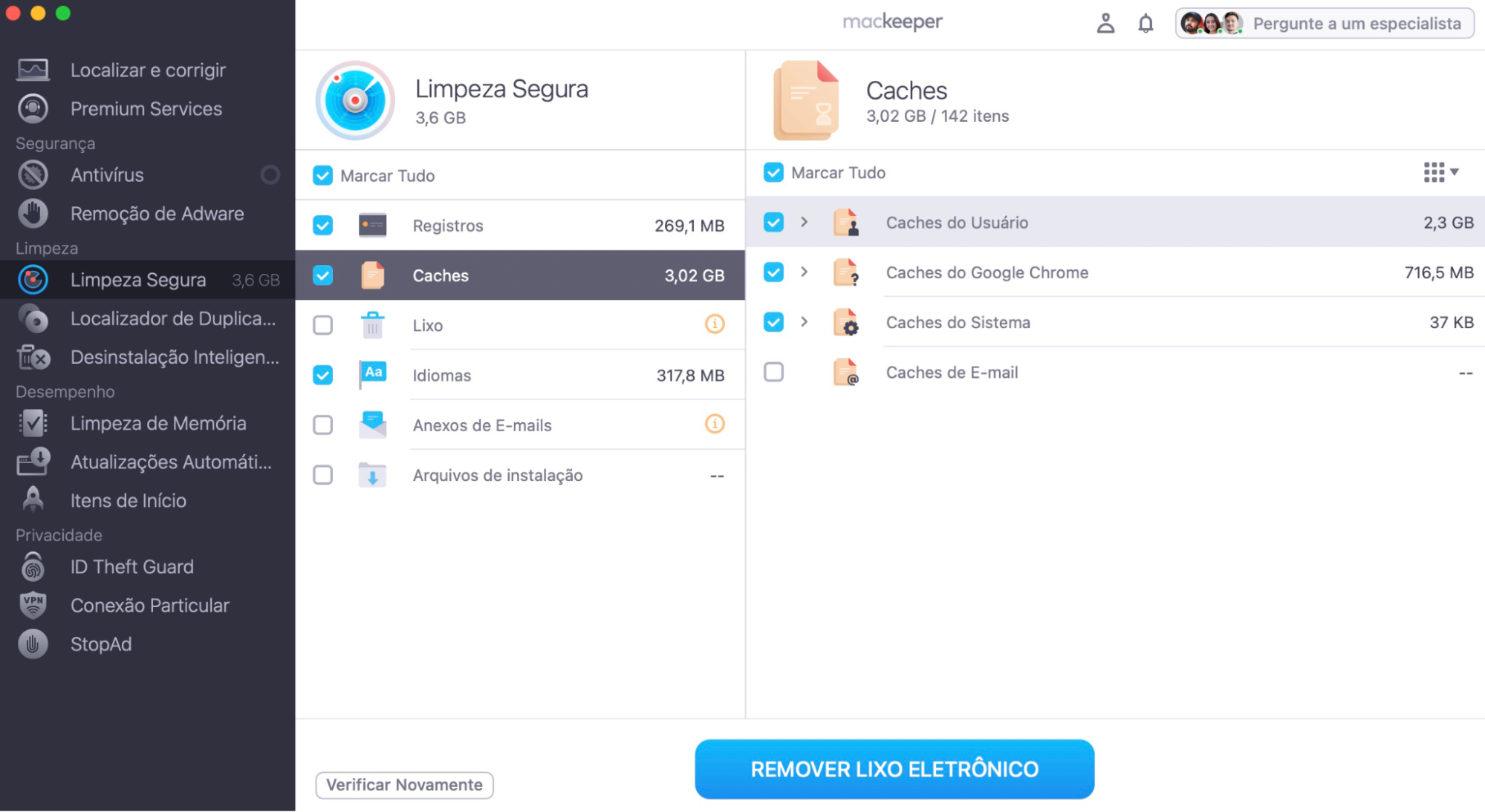 Após a verificação, você pode revisar os arquivos encontrados ou clicar em Remover Lixo Eletrônico para remover tudo de uma só vez. Isso ajuda a manter o navegador funcionando corretamente ao eliminar dados desnecessários.