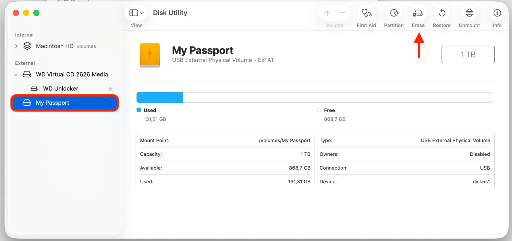 Disk Utility on a Ventura MacBook with the My Passport external drive selected and the Erase button highlighted at the top.