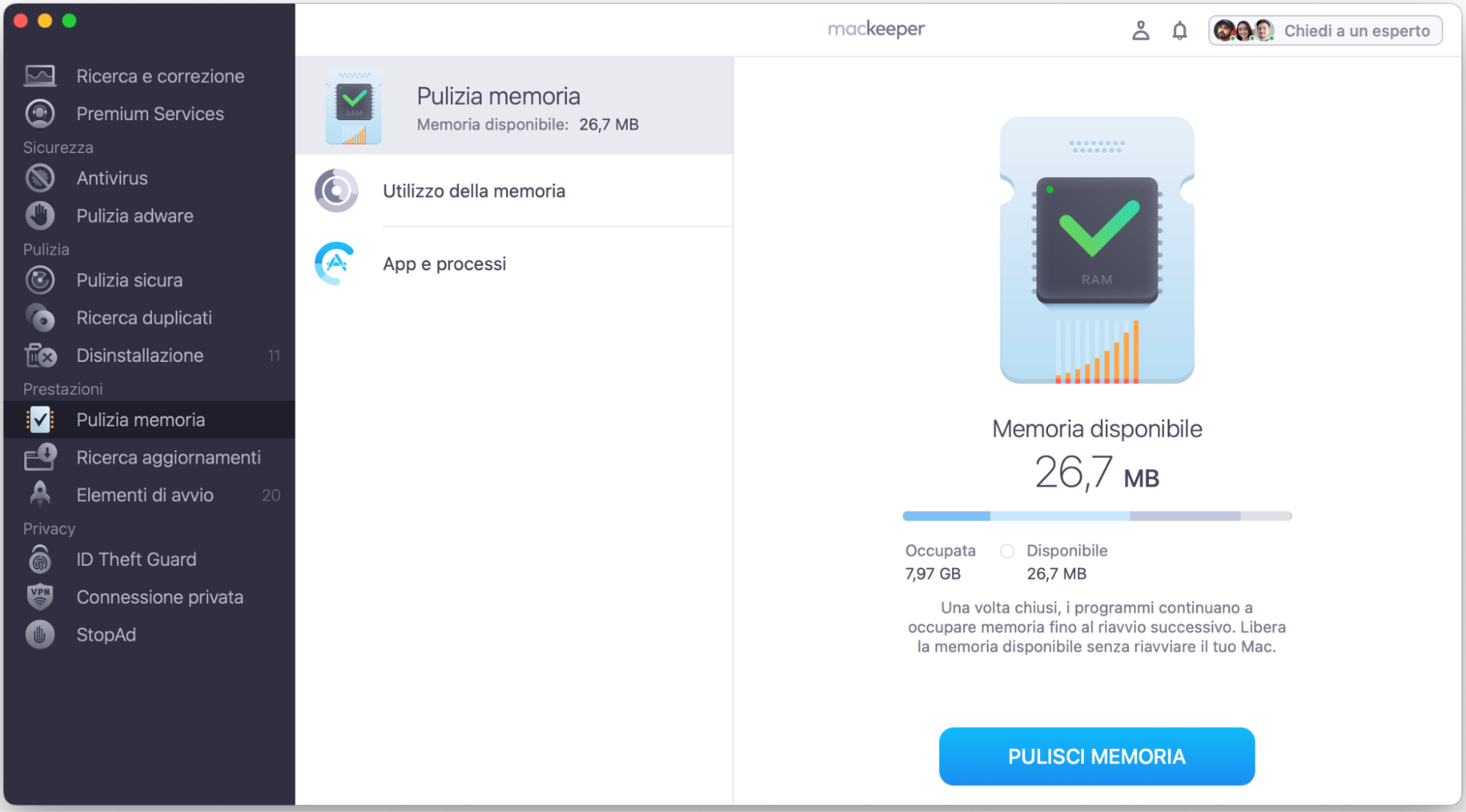 Lo strumento Pulizia Memoria di MacKeeper è aperto e avviato come una delle funzioni di pulizia disponibili nell’app. Puoi vedere il risultato mostrato all’utente, con l’indicazione della memoria occupata e disponibile sul dispositivo.