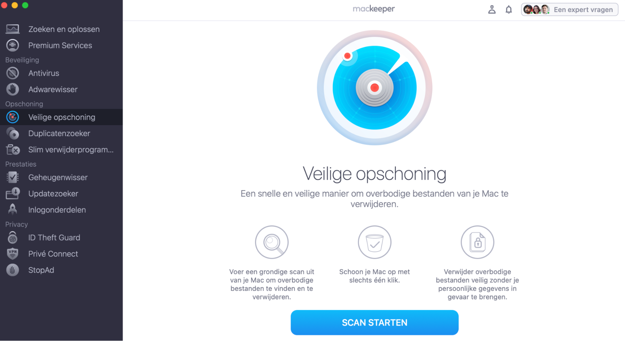 Om je Mac op te schonen, open je MacKeeper, selecteer je Veilige Opschoning in de zijbalk en klik je op Scan starten.
