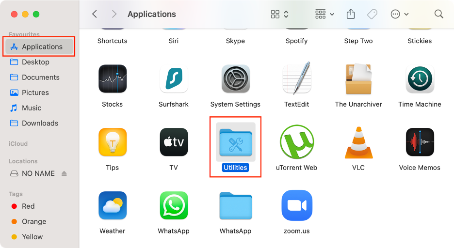 To gain access to an external disk and solve the -69877 error, launch Finder, go to Applications, and open the Utilities folder on your Mac.