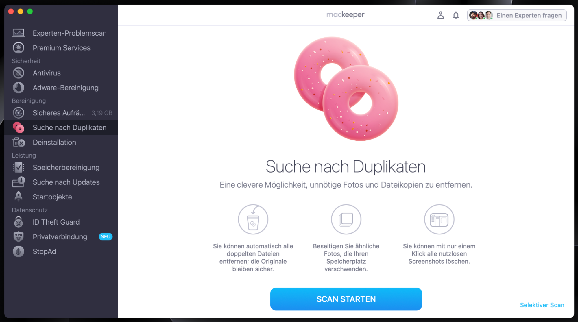 Entfernen Sie Duplikate von Ihrem Mac und sparen Sie Speicherplatz. Starten Sie MacKeeper, wählen Sie im Menü auf der linken Seite Suche nach Duplikaten und klicken Sie auf Scan starten.