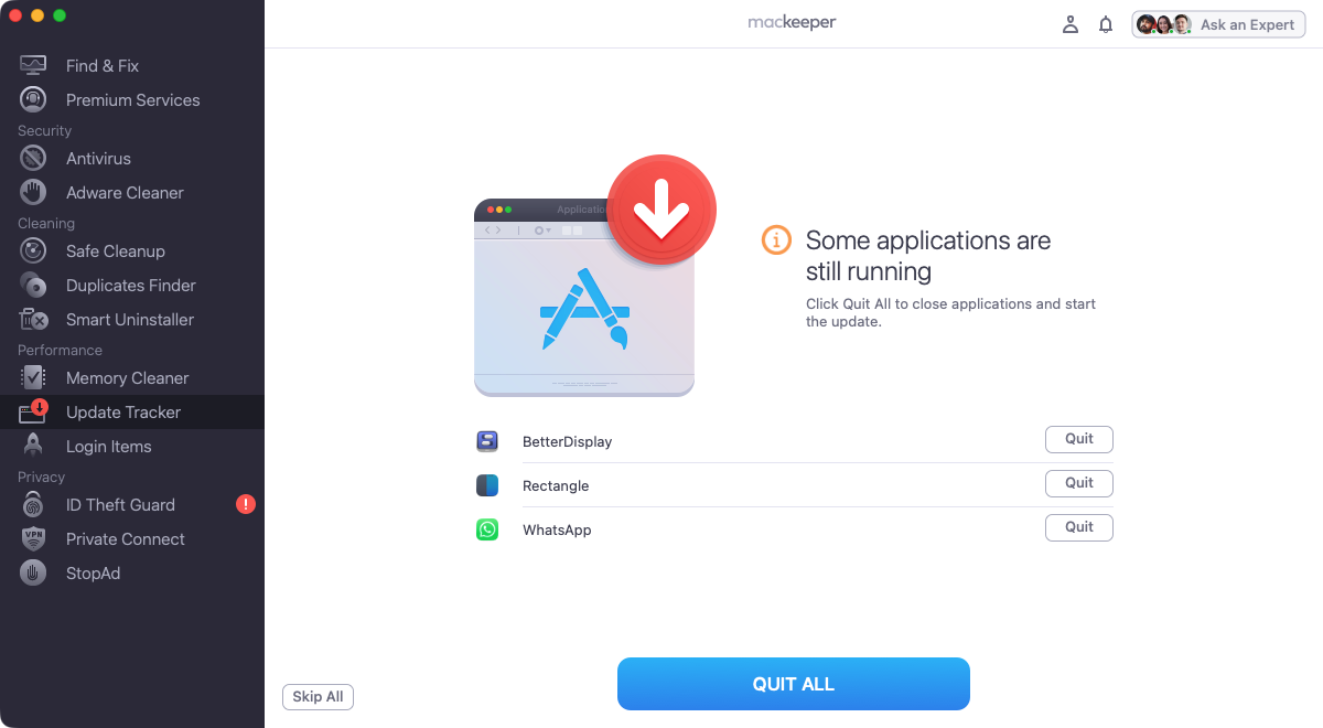 MacKeeper’s Update Tracker can’t update apps while they’re currently running. You can quit them manually or let Update Tracker quit them for you. Alternatively, you can click ‘Skip’ and leave those updates for another time.