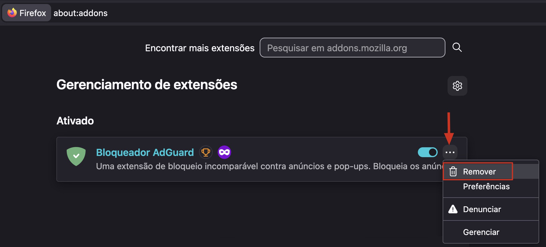 Após encontrar a extensão a ser removida do seu navegador Firefox no Mac, clique nos três pontos ao lado dela e selecione Remover.