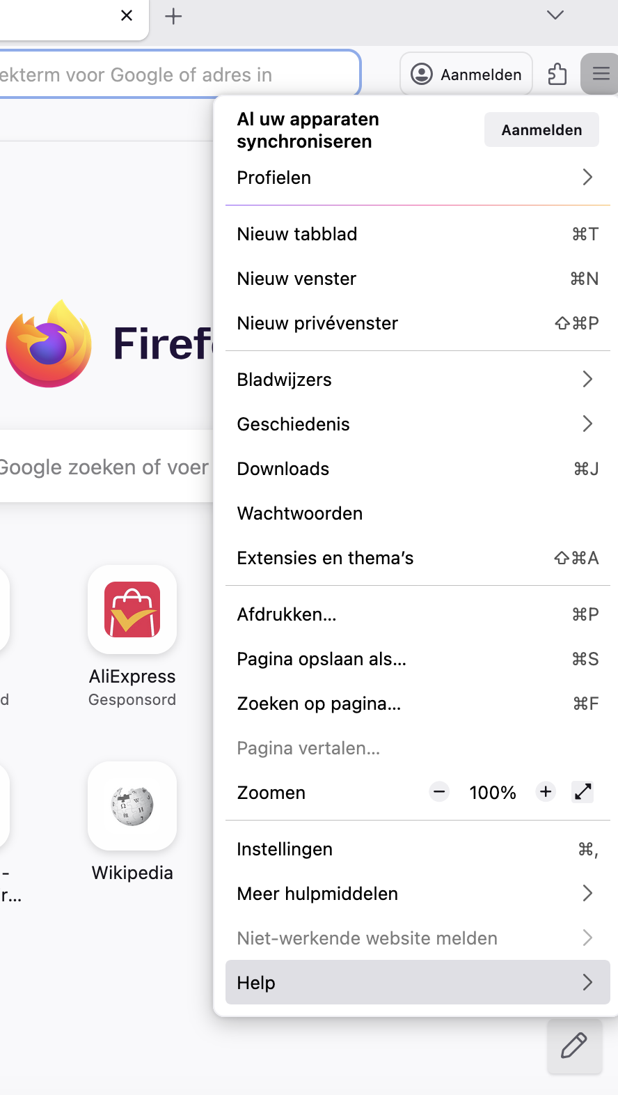 Om Mozilla Firefox op je computer terug te zetten naar de standaardinstellingen, open je het hamburgermenu en kies je ‘Help’ in het uitklapmenu.